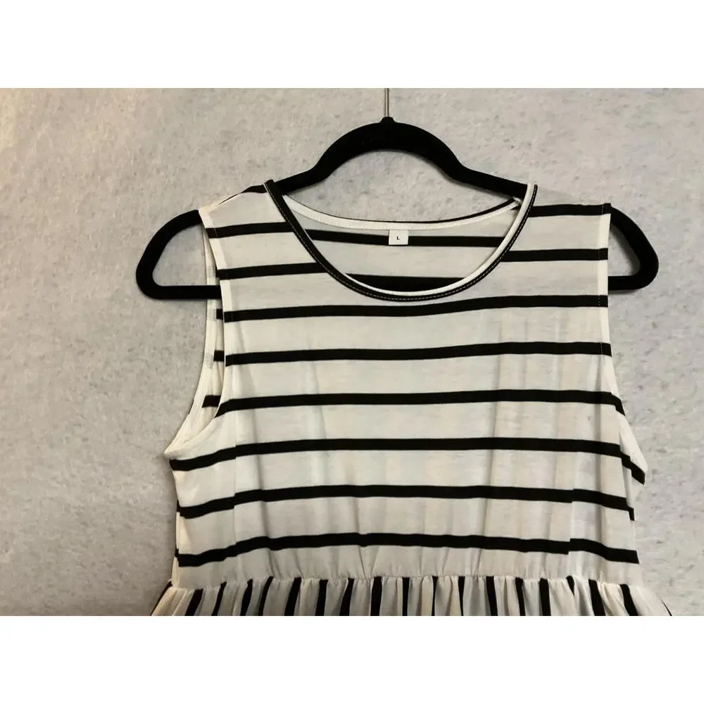 Dress‎ Womens Large White Black Stripe Jersey Maxi Sleeveless Pockets Summer